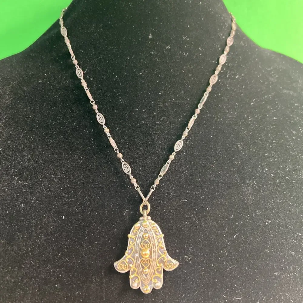 Michal Golan Hamsa Necklace Pendant Charm Handcrafted Brass 18” With 4” Extender
